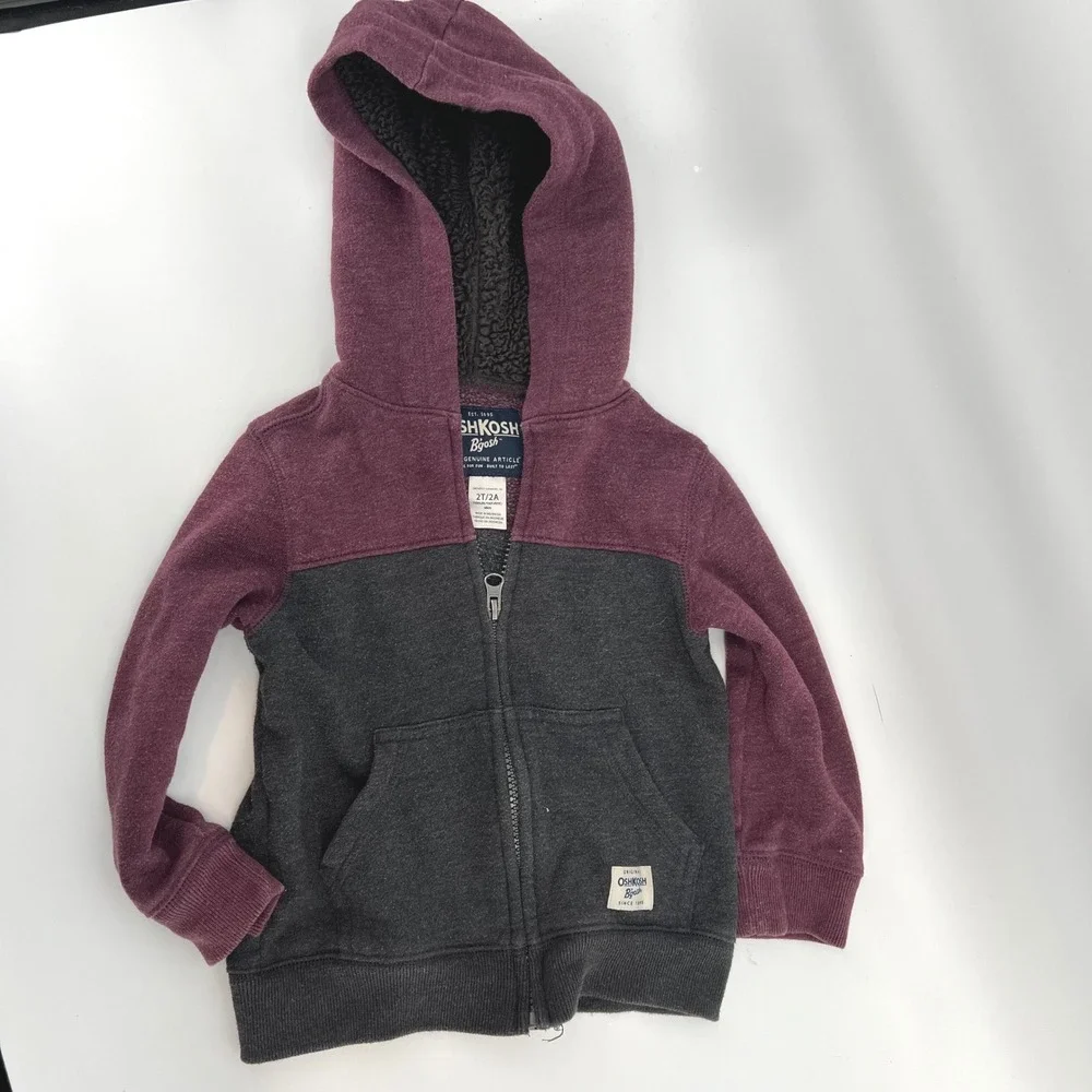 OshKosh B'gosh‎ Toddler 2T Sherpa Lined Hoodie Jacket Burgundy Gray Full Zip